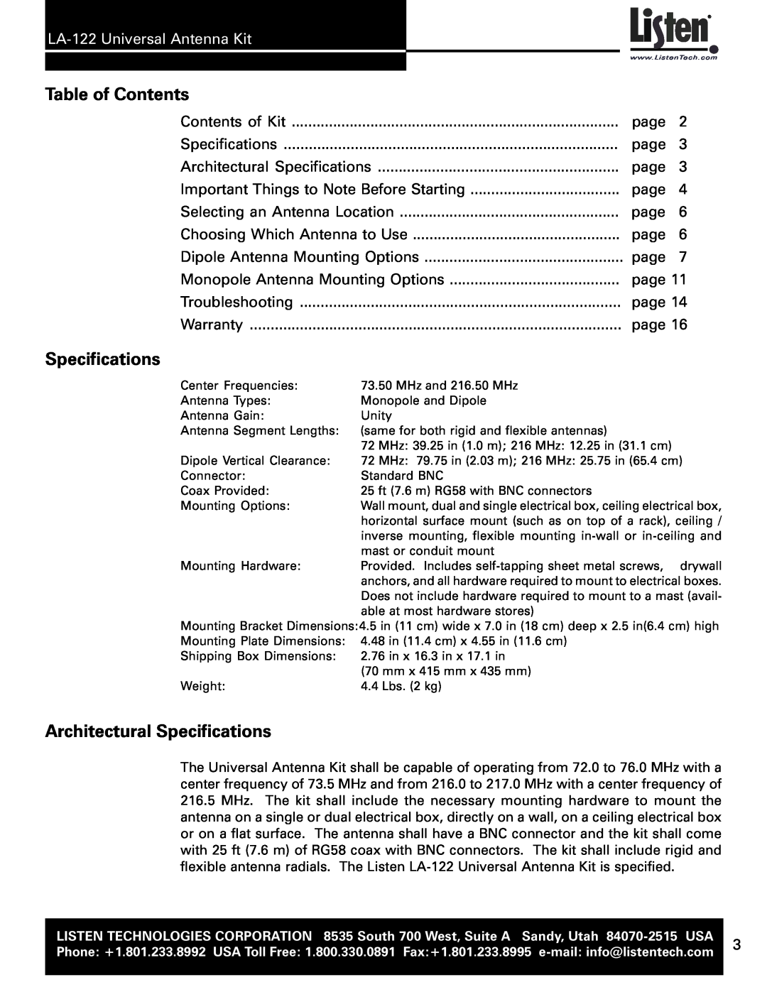 Listen Technologies user manual Table of Contents, Architectural Specifications, LA-122Universal Antenna Kit 