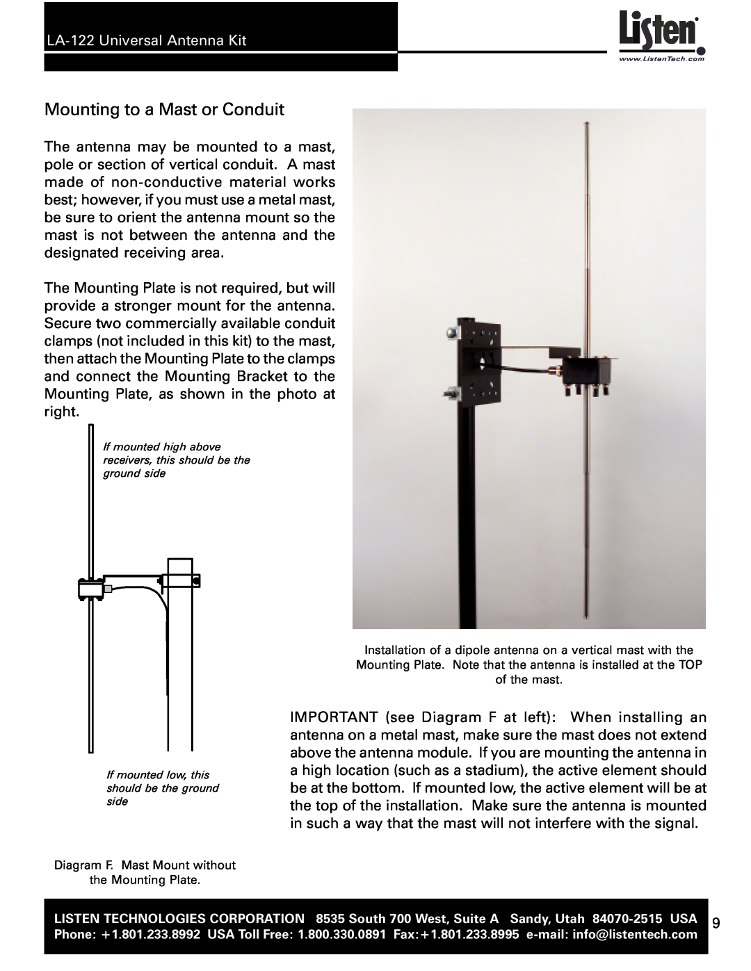 Listen Technologies user manual Mounting to a Mast or Conduit, LA-122Universal Antenna Kit 