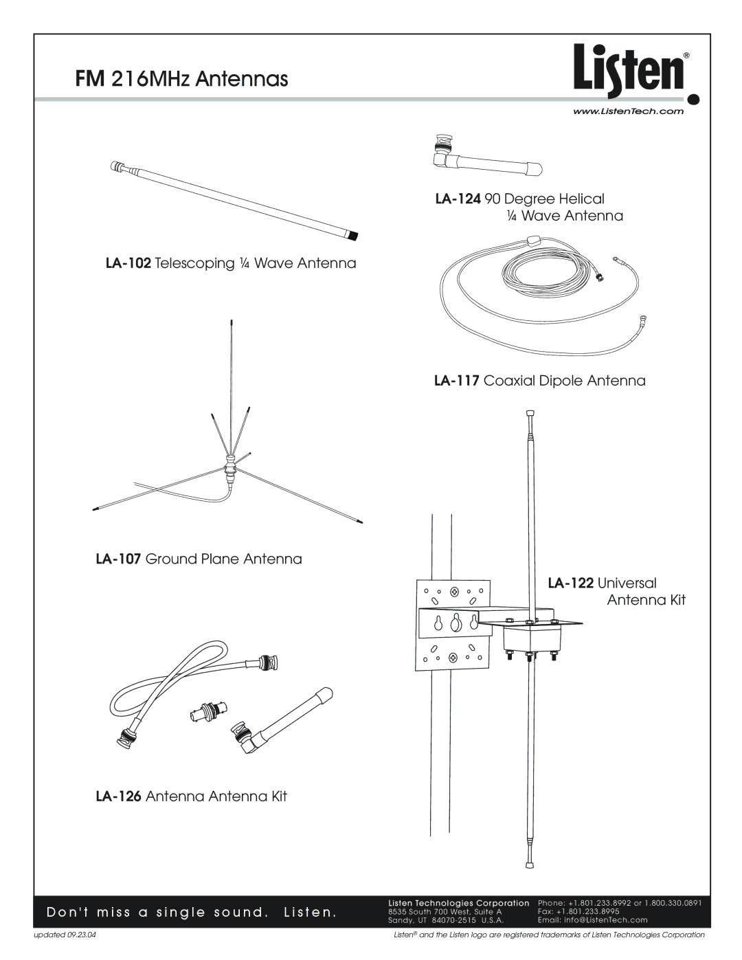 Listen Technologies LA-102, LA-124, LA-107 manual FM 216MHz Antennas, N t m i s s a s i n g l e s o u n d . L i s t e n 