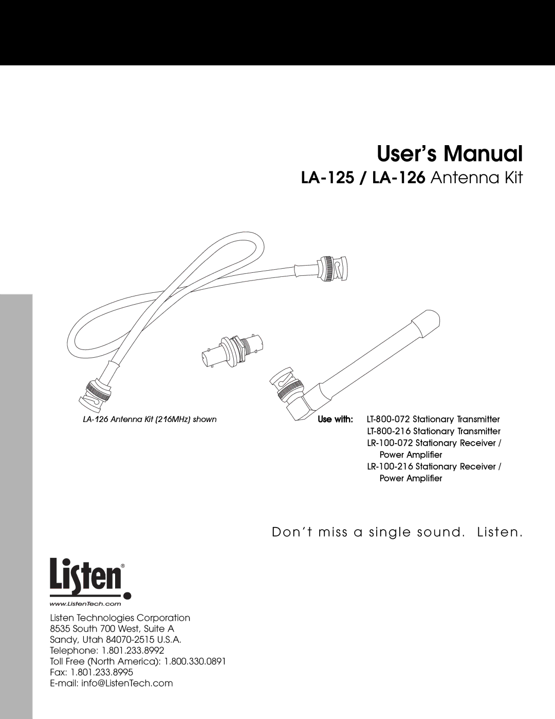 Listen Technologies LA-125, LA-126 user manual User’s Manual, Don’t miss a single sound . Listen 