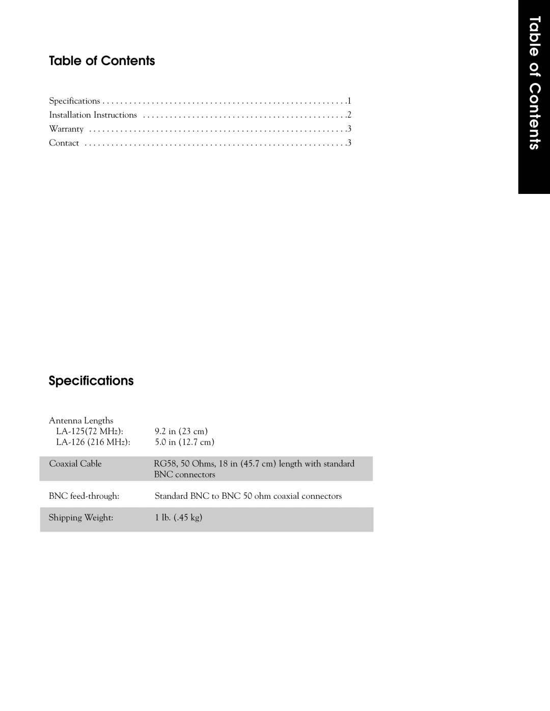 Listen Technologies LA-125, LA-126 user manual Table of Contents 