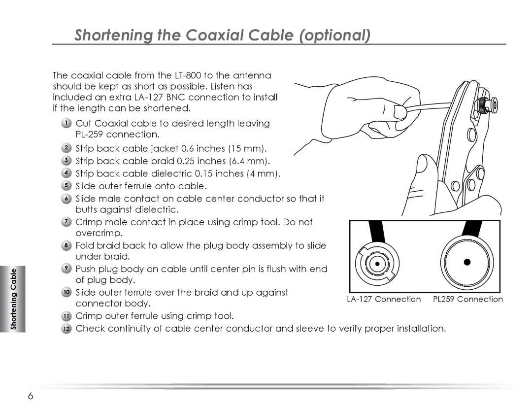 Listen Technologies LA-140 manual Shortening the Coaxial Cable optional 