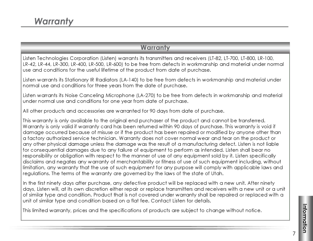 Listen Technologies LA-140 manual Warranty 