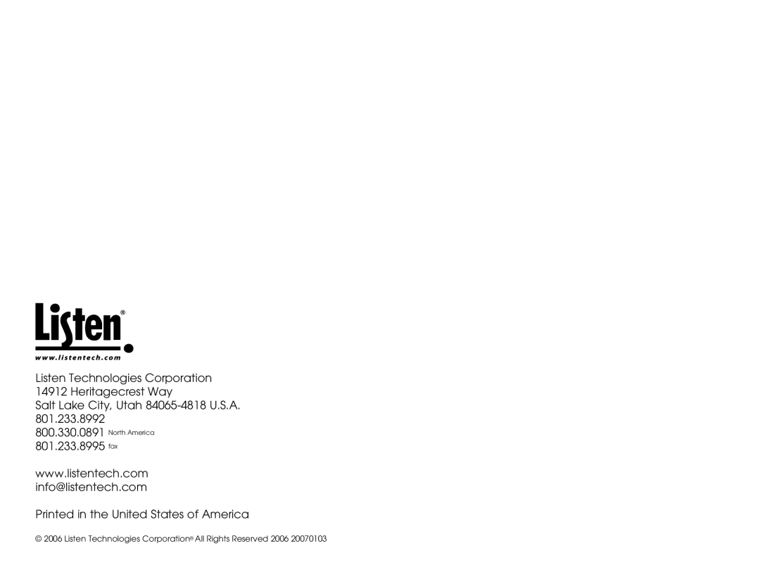 Listen Technologies LA-140 manual Listen Technologies Corporation All Rights Reserved 2006 