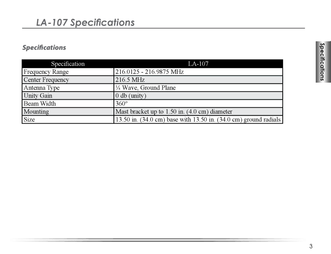 Listen Technologies LA-140 manual LA-107 Specifications 