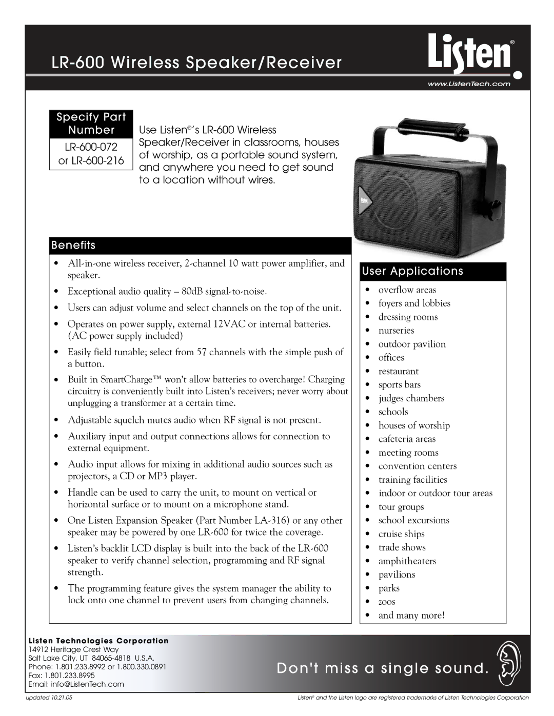 Listen Technologies LR-600-072, LA-201, LR-600-216 manual Specify Part Number, Benefits, User Applications 