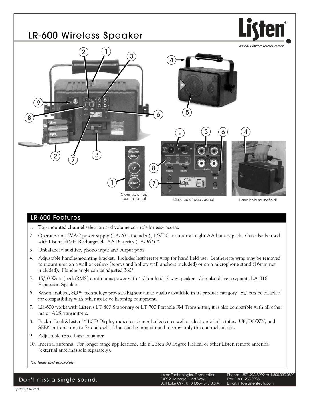 Listen Technologies LR-600-216, LA-201, LR-600-072 manual LR-600 Wireless Speaker, LR-600 Features 