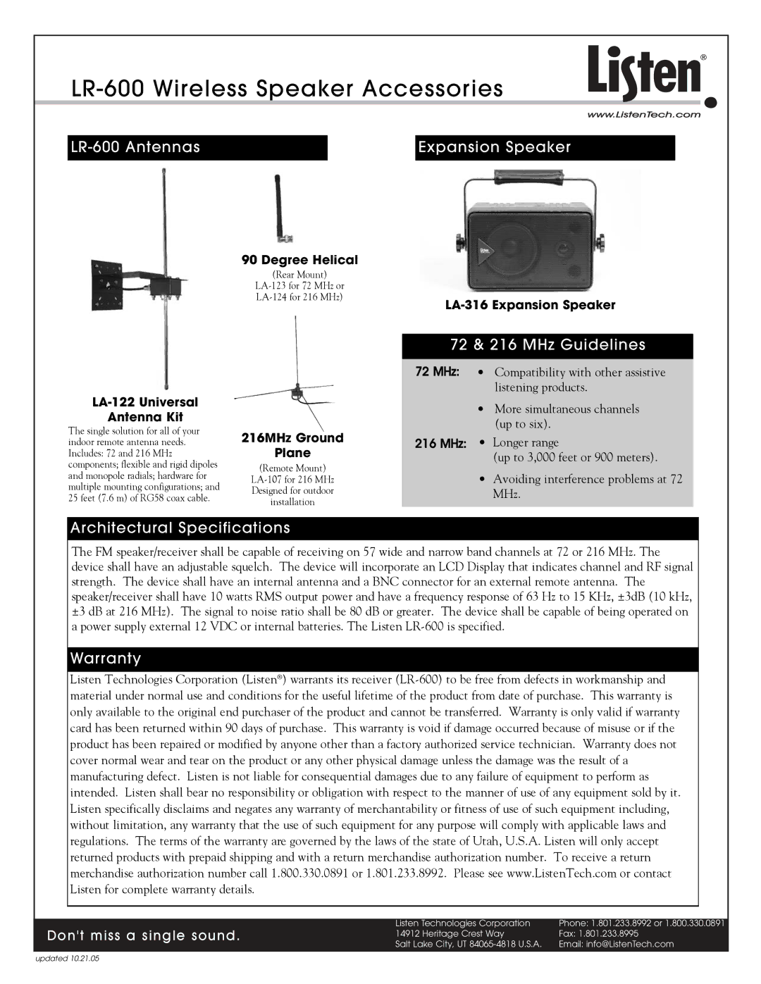 Listen Technologies LR-600 Wireless Speaker Accessories, LR-600 Antennas Expansion Speaker, 72 & 216 MHz Guidelines 