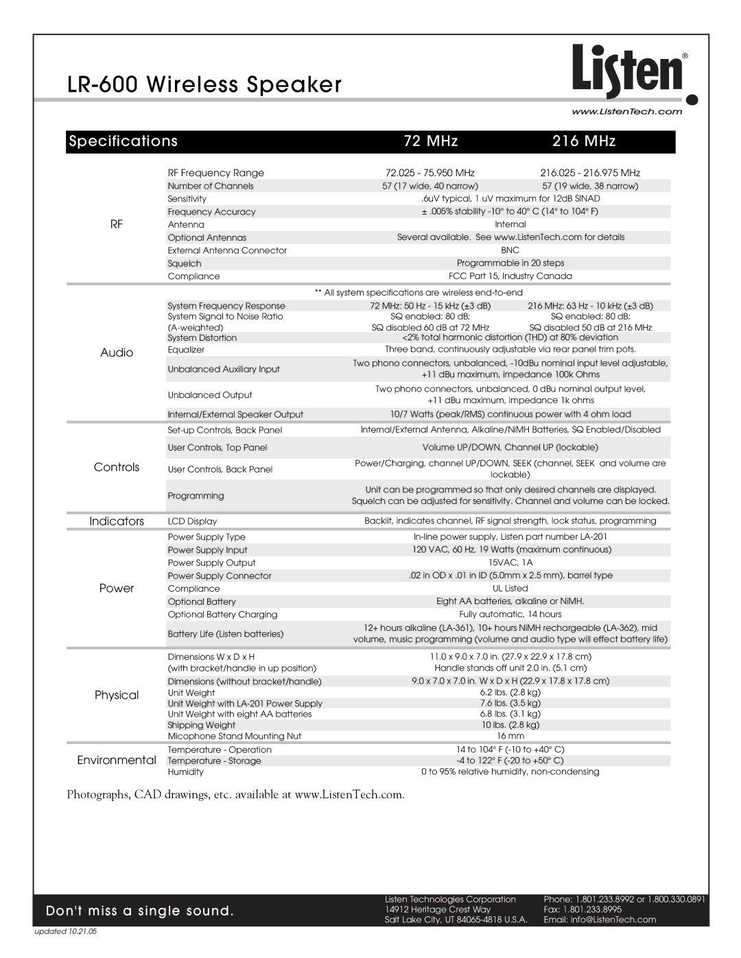 Listen Technologies LA-201, LR-600-072, LR-600-216 manual Specifications 72 MHz 216 MHz, RF Frequency Range 