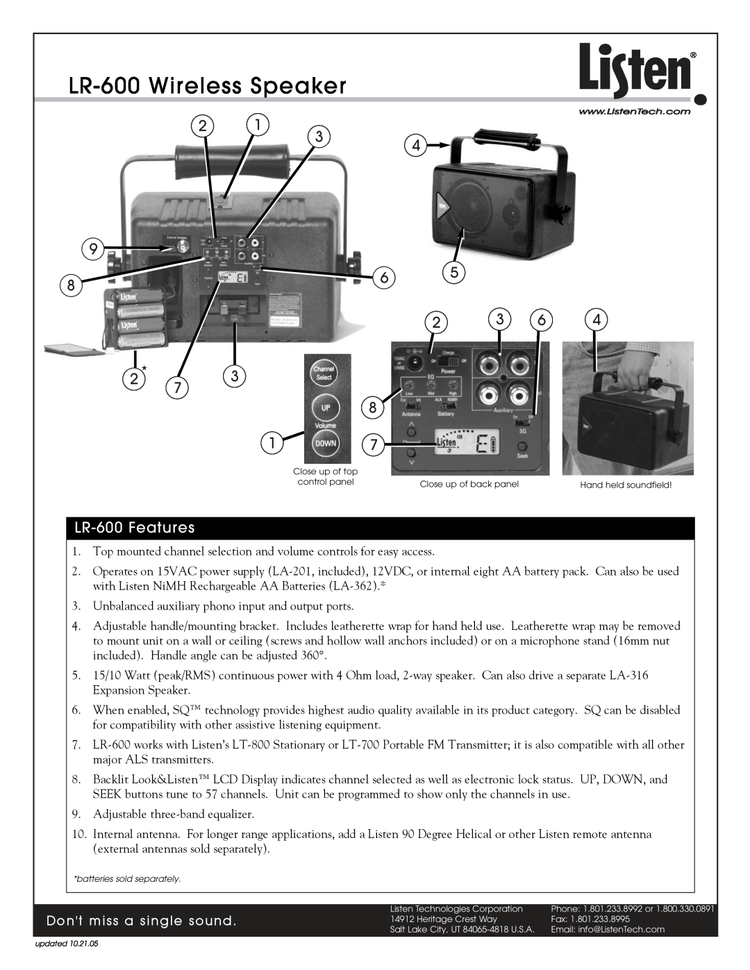 Listen Technologies LR-600-216, LA-201, LR-600-072 manual LR-600Wireless Speaker, LR-600Features 