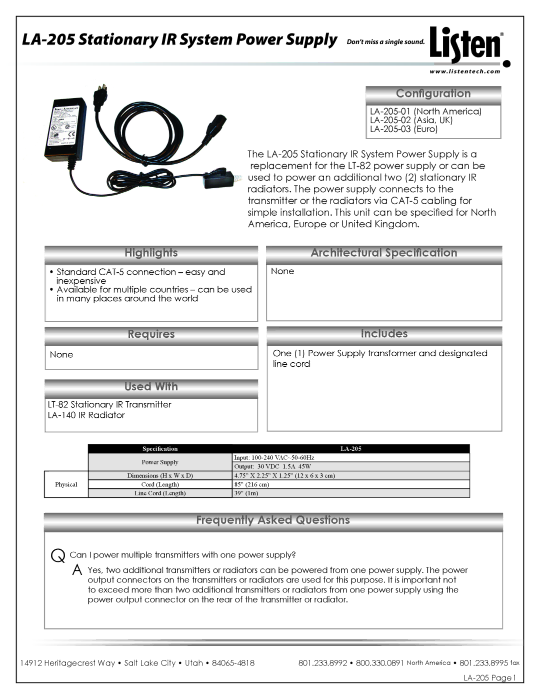 Listen Technologies LA-205 dimensions Configuration, Highlights, Architectural Specification, Requires, Used With 