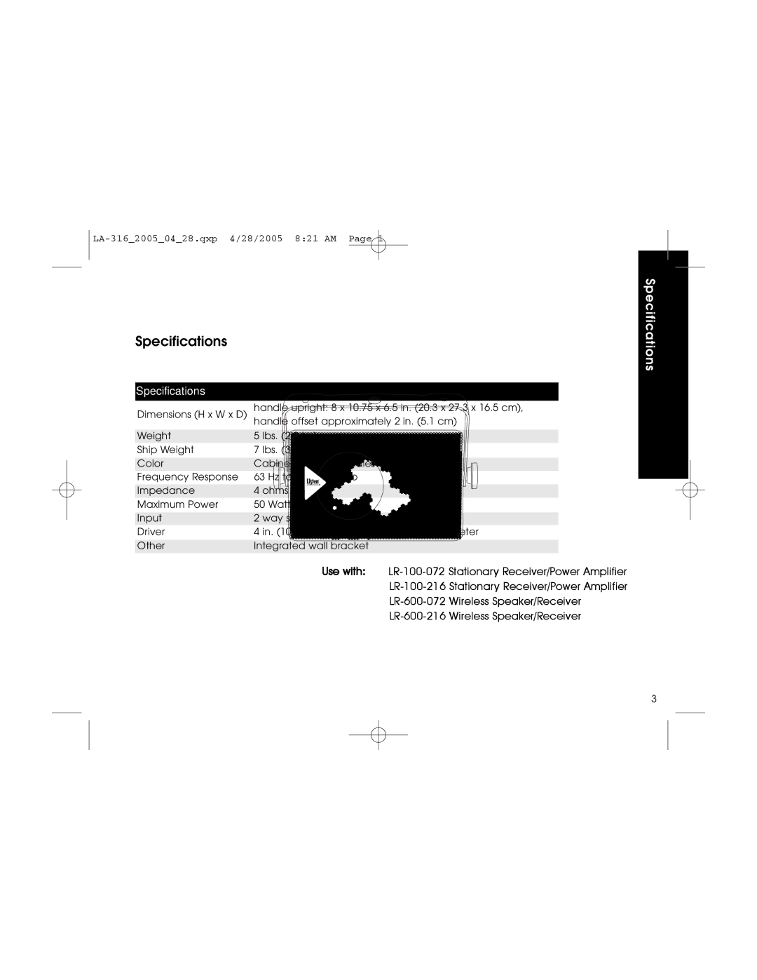 Listen Technologies LA-316 user manual Specifications 