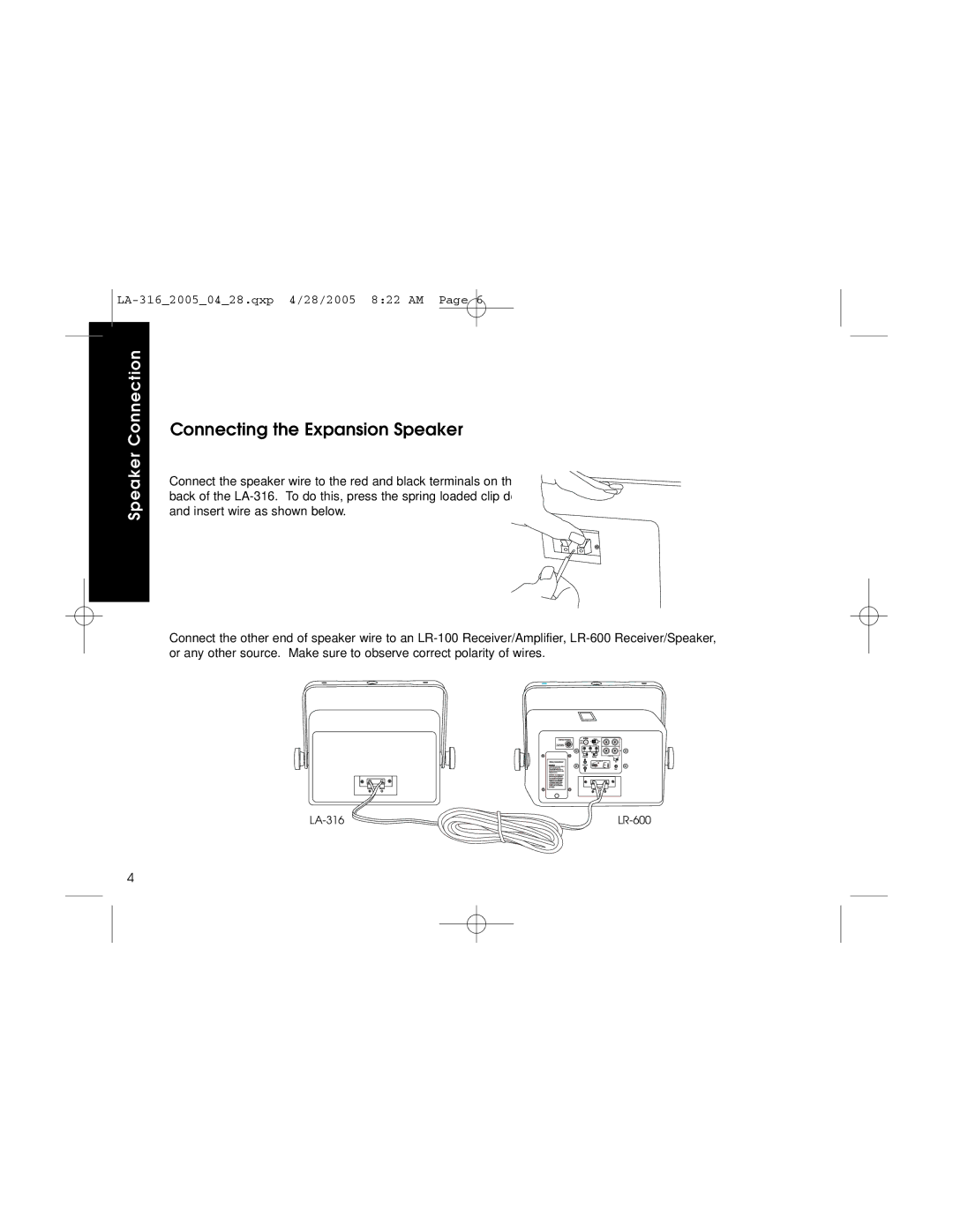 Listen Technologies LA-316 user manual Connecting the Expansion Speaker 