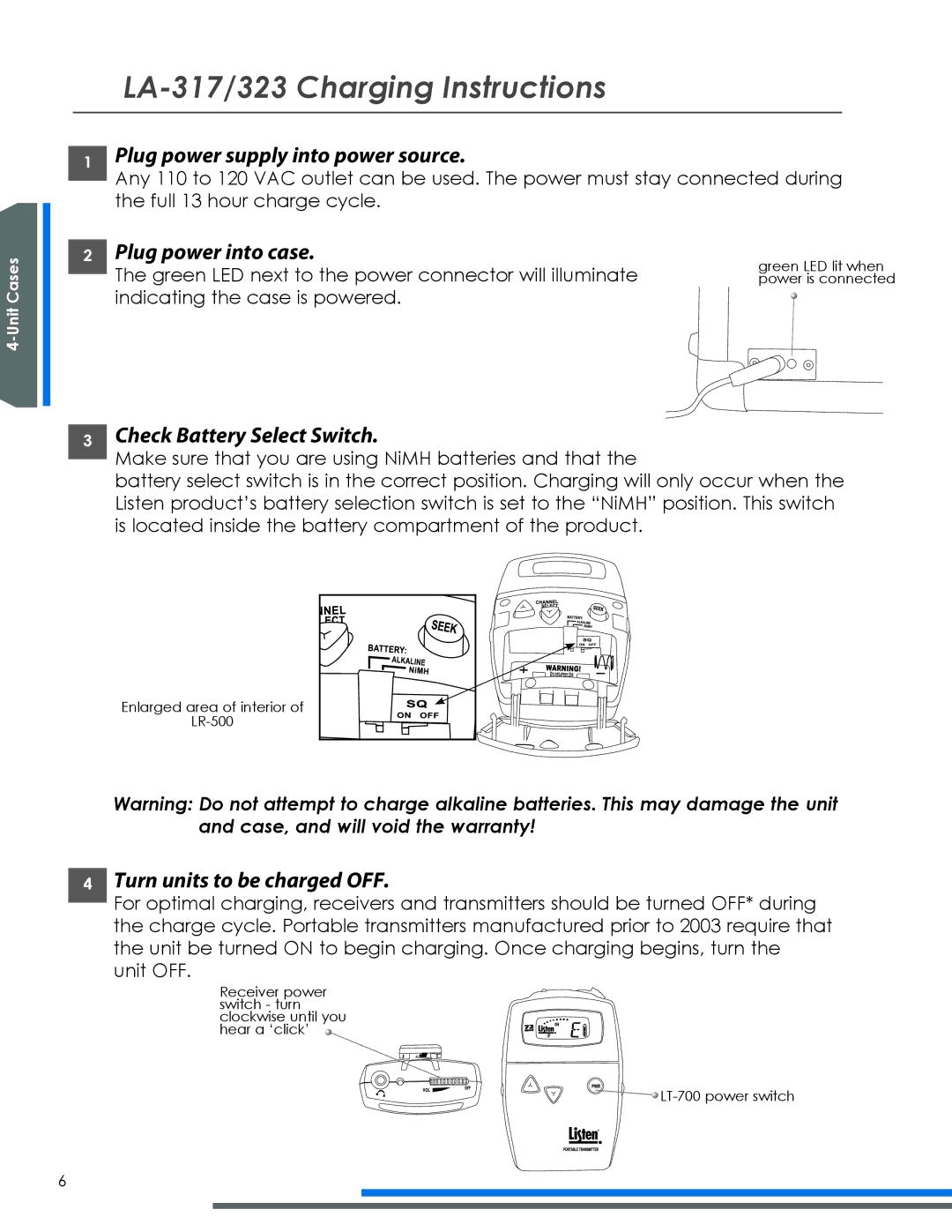 Listen Technologies LA-318 LA-317/323 Charging Instructions, Plug power supply into power source, Plug power into case 