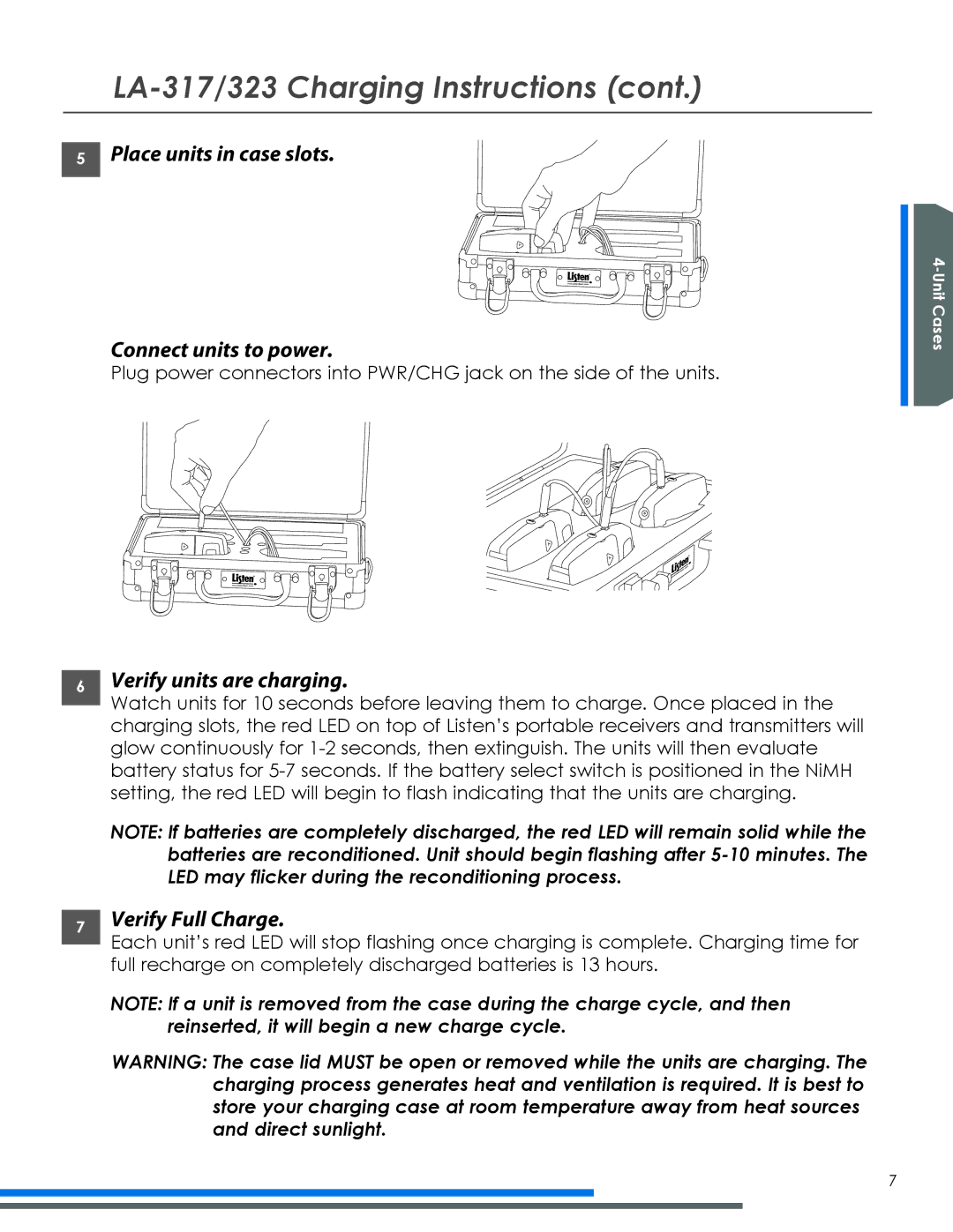 Listen Technologies LA-318 Place units in case slots Connect units to power, Verify units are charging, Verify Full Charge 