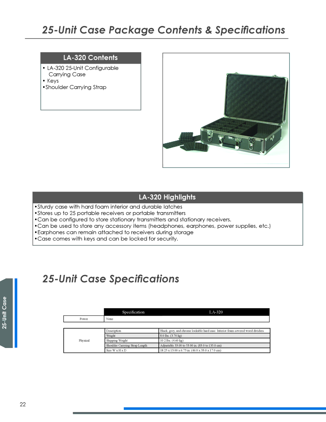 Listen Technologies LA-318 manual Unit Case Package Contents & Specifications, Unit Case Specifications 