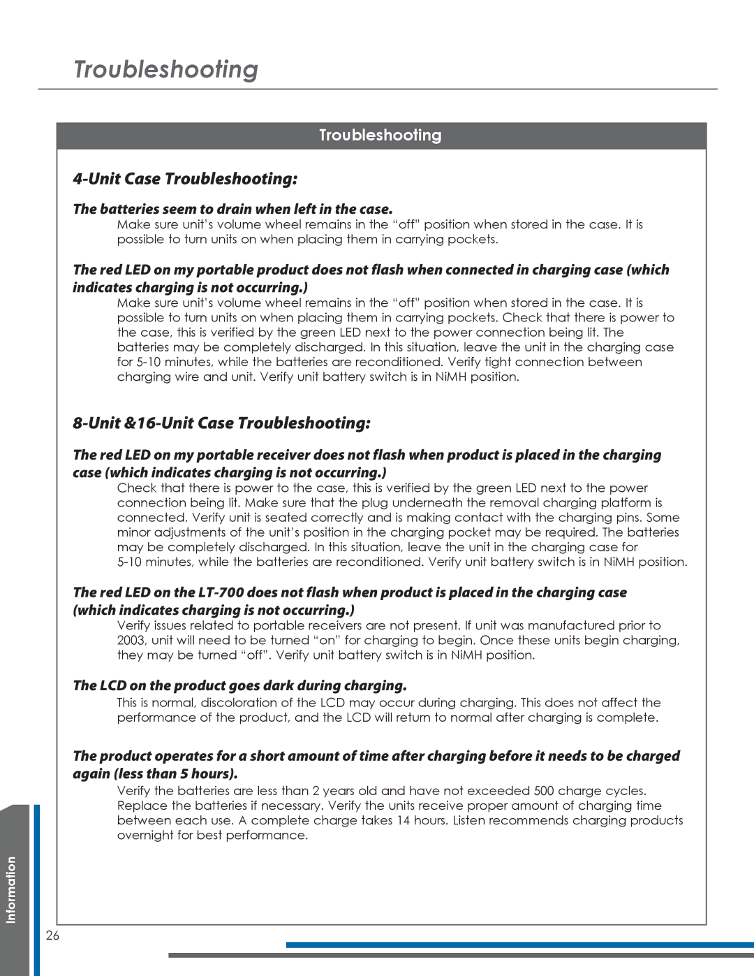 Listen Technologies LA-318 manual Unit &16-Unit Case Troubleshooting 