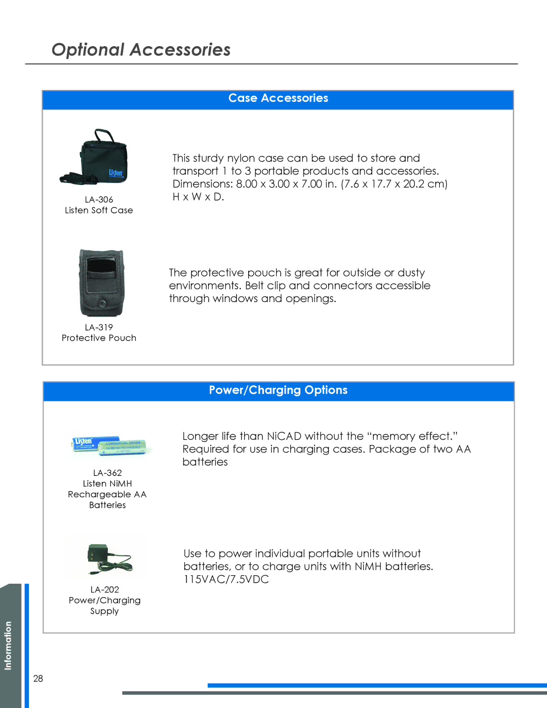 Listen Technologies LA-318 manual Optional Accessories, Case Accessories, Power/Charging Options 