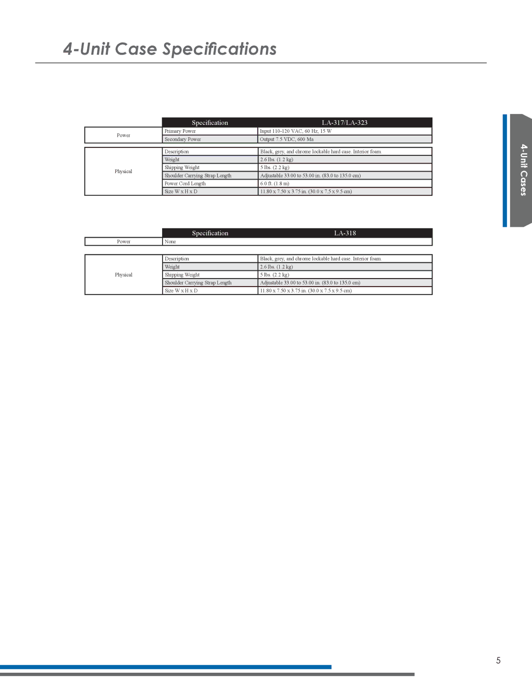 Listen Technologies LA-318 manual Unit Case Specifications, Specification LA-317/LA-323 