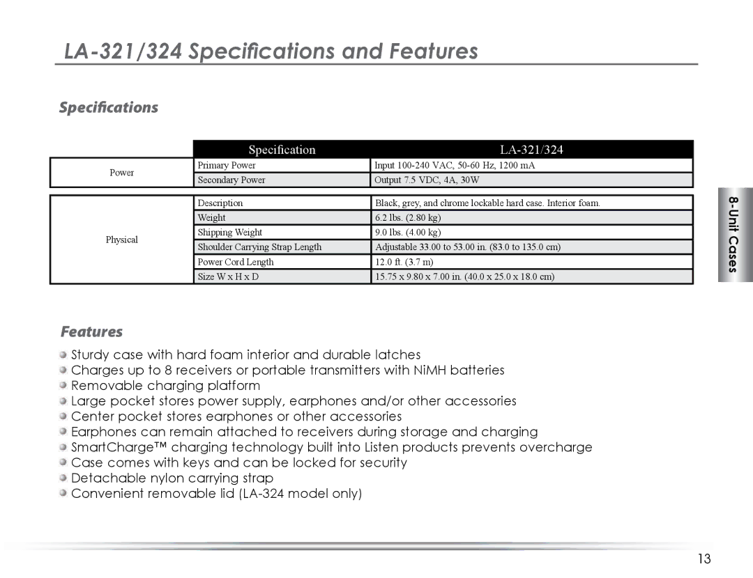 Listen Technologies LA-325, LA-324, LA-323, LA-311 manual LA-321/324 Speciﬁcations and Features, Speciﬁcation LA-321/324 