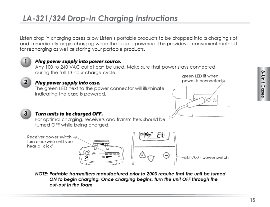 Listen Technologies LA-311, LA-325, LA-324, LA-323 LA-321/324 Drop-In Charging Instructions, Plug power supply into case 