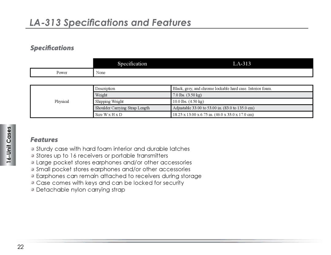 Listen Technologies LA-324, LA-325, LA-321, LA-323, LA-311 manual LA-313 Speciﬁcations and Features, Speciﬁcation LA-313 