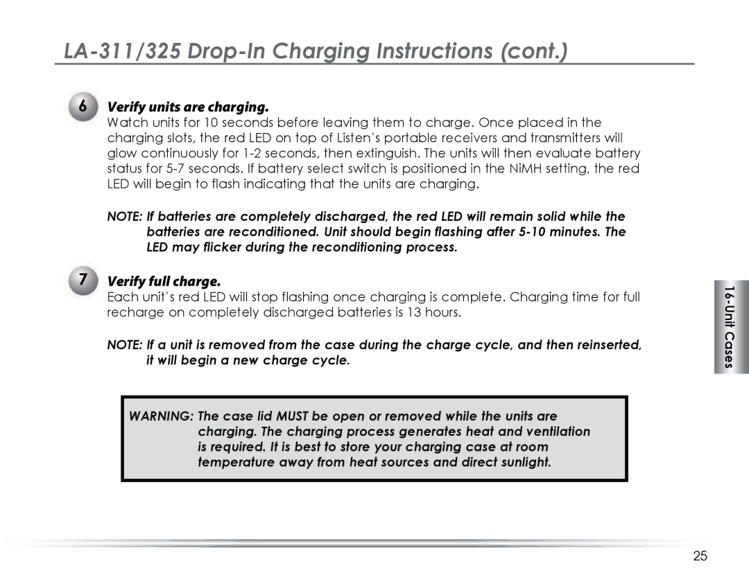 Listen Technologies LA-311, LA-325, LA-324, LA-321, LA-323 manual Verify units are charging 