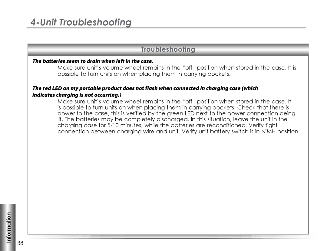 Listen Technologies LA-321, LA-325, LA-324, LA-323, LA-311 manual Unit Troubleshooting 