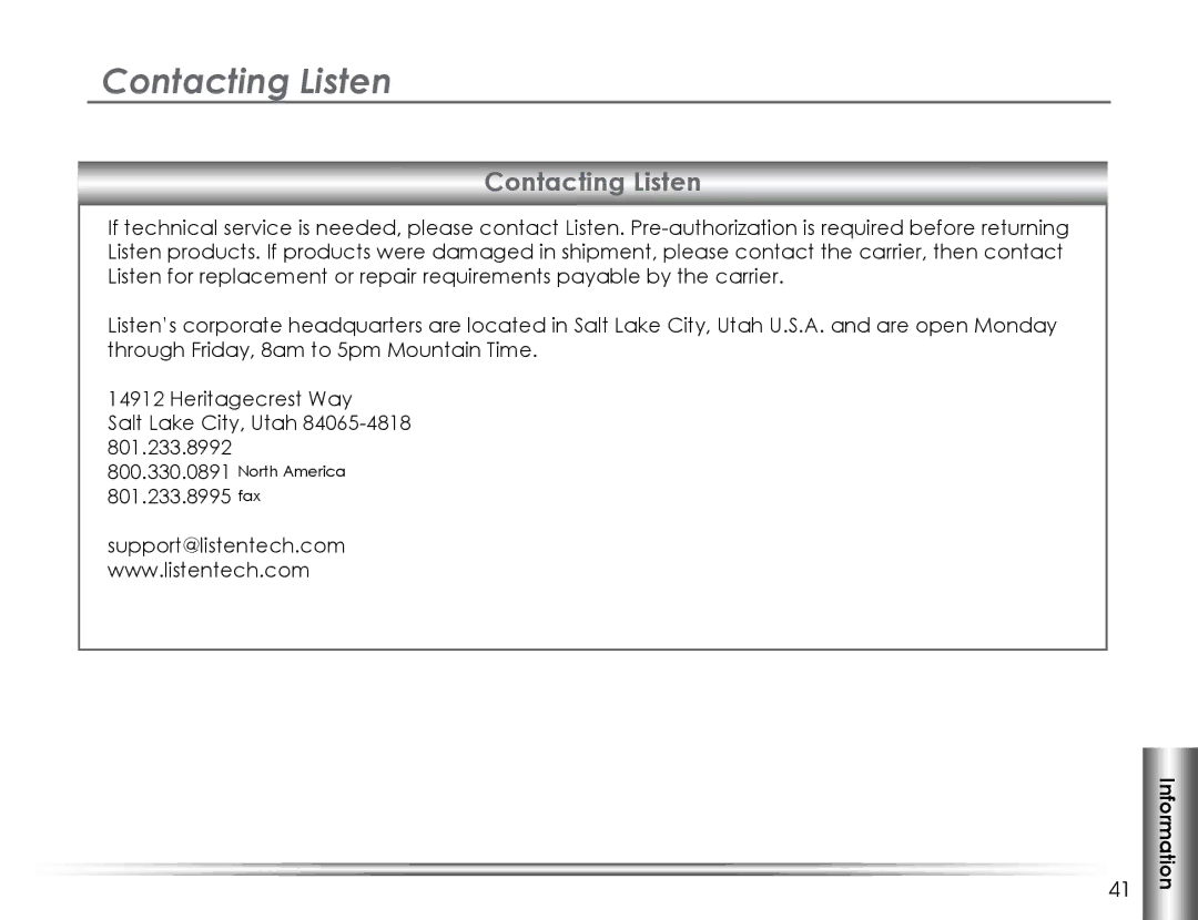 Listen Technologies LA-325, LA-324, LA-321, LA-323, LA-311 manual Contacting Listen 