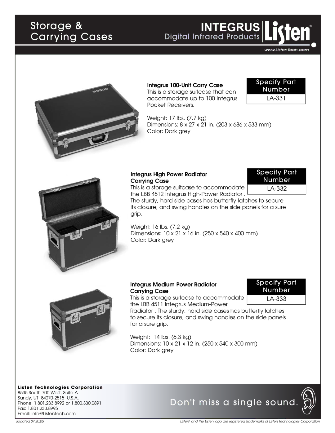 Listen Technologies LA-331, LA-332 dimensions Storage & Carrying Cases, Dont miss a single sound, Specify Part, Number 