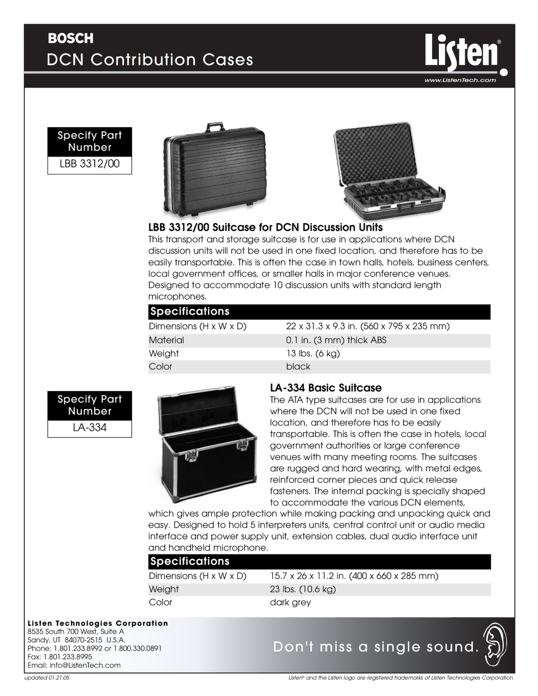 Listen Technologies LA-334, LA-335 specifications LBB 3312/00 LBB 3312/00 Suitcase for DCN Discussion Units 