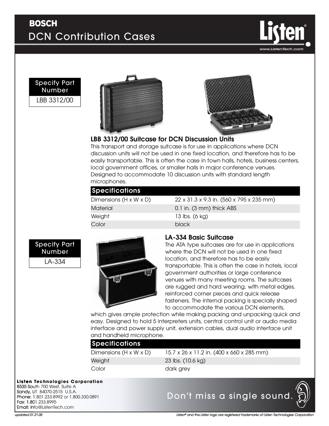 Listen Technologies LA-334 specifications LBB 3312/00 LBB 3312/00 Suitcase for DCN Discussion Units, Specifications 