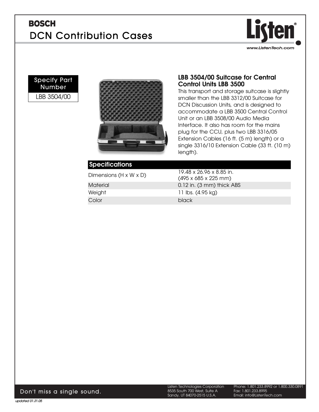 Listen Technologies LA-334 LBB 3504/00 Suitcase for Central, Control Units LBB, DCN Contribution Cases, Specifications 