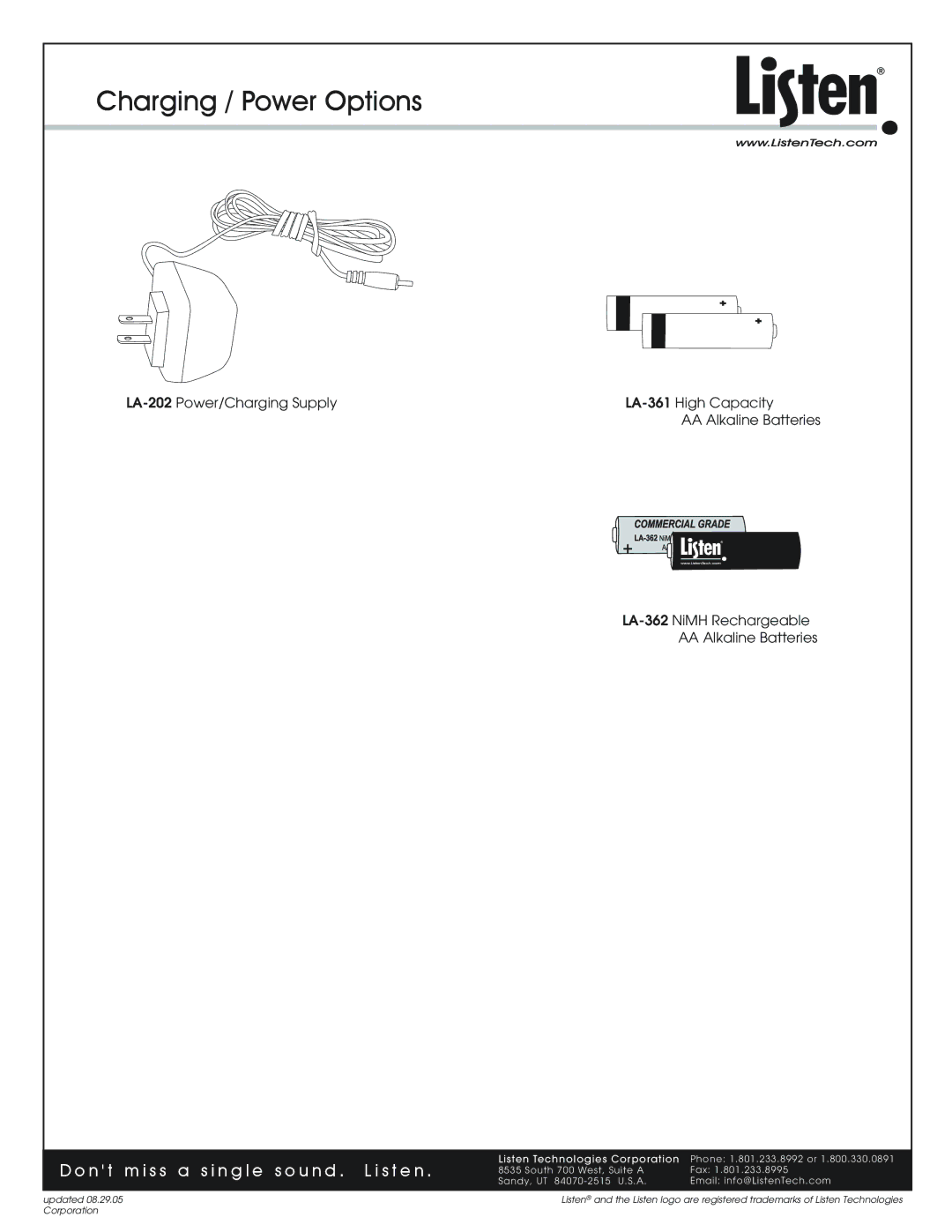 Listen Technologies LA-361 manual Charging / Power Options, N t m i s s a s i n g l e s o u n d . L i s t e n 