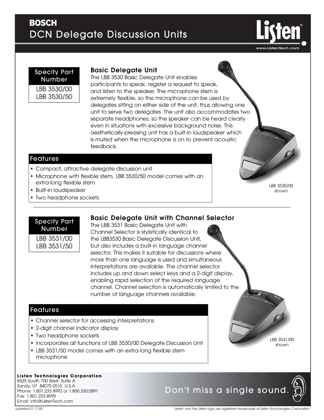 Listen Technologies manual LBB 3530/00 LBB 3530/50 Basic Delegate Unit, Features, Specify Part Number 