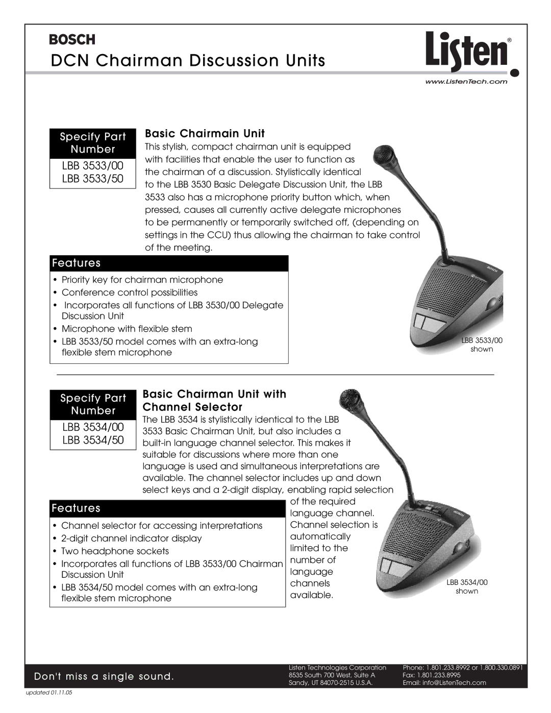 Listen Technologies LBB 3530/00, LBB 3530/50 DCN Chairman Discussion Units, LBB 3533/00 LBB 3533/50 Basic Chairmain Unit 