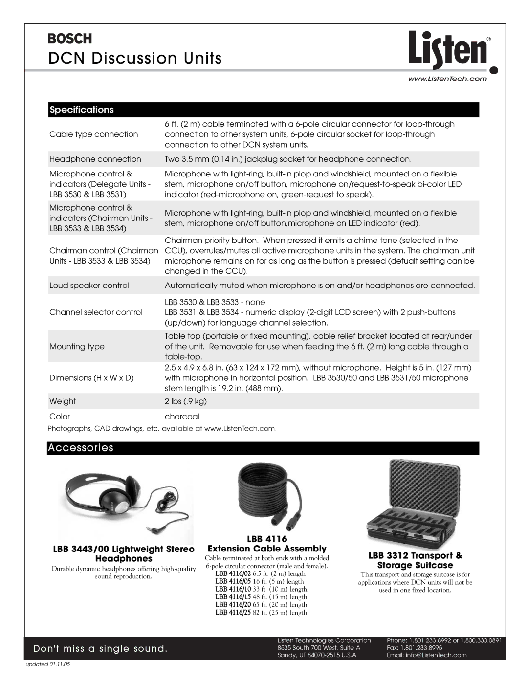 Listen Technologies LBB 3530/50, LBB 3530/00 manual DCN Discussion Units, Accessories, Specifications 