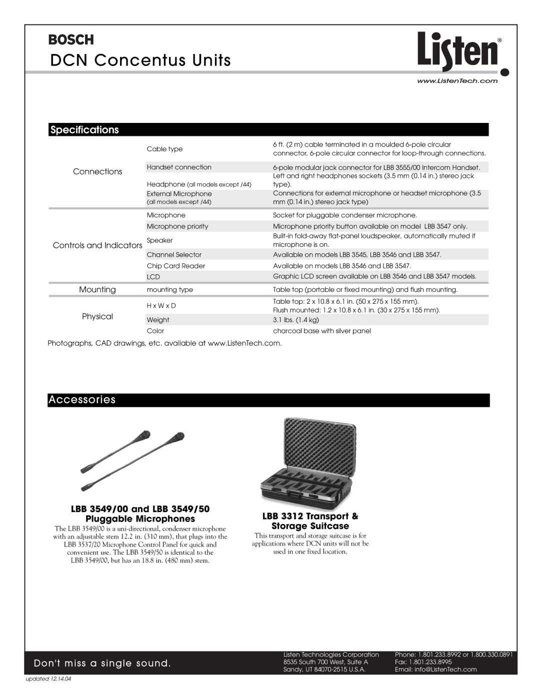 Listen Technologies LBB 3544/00 manual Accessories, Specifications, LBB 3549/00 and LBB 3549/50 Pluggable Microphones 