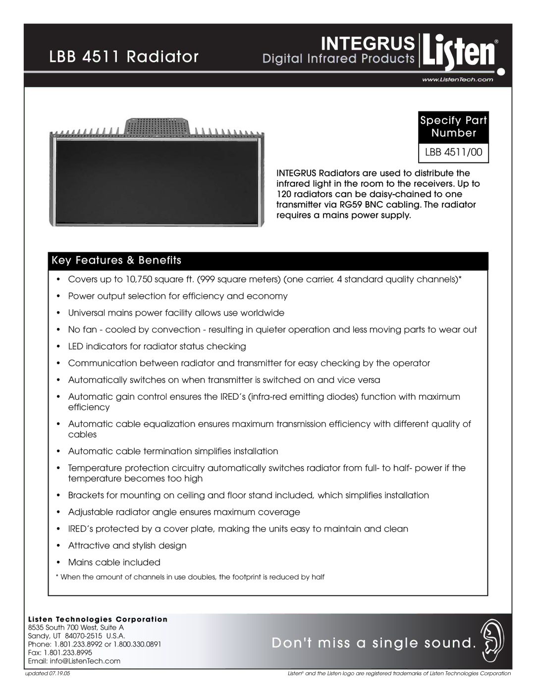 Listen Technologies LBB 4511 manual Specify Part Number, Key Features & Benefits 