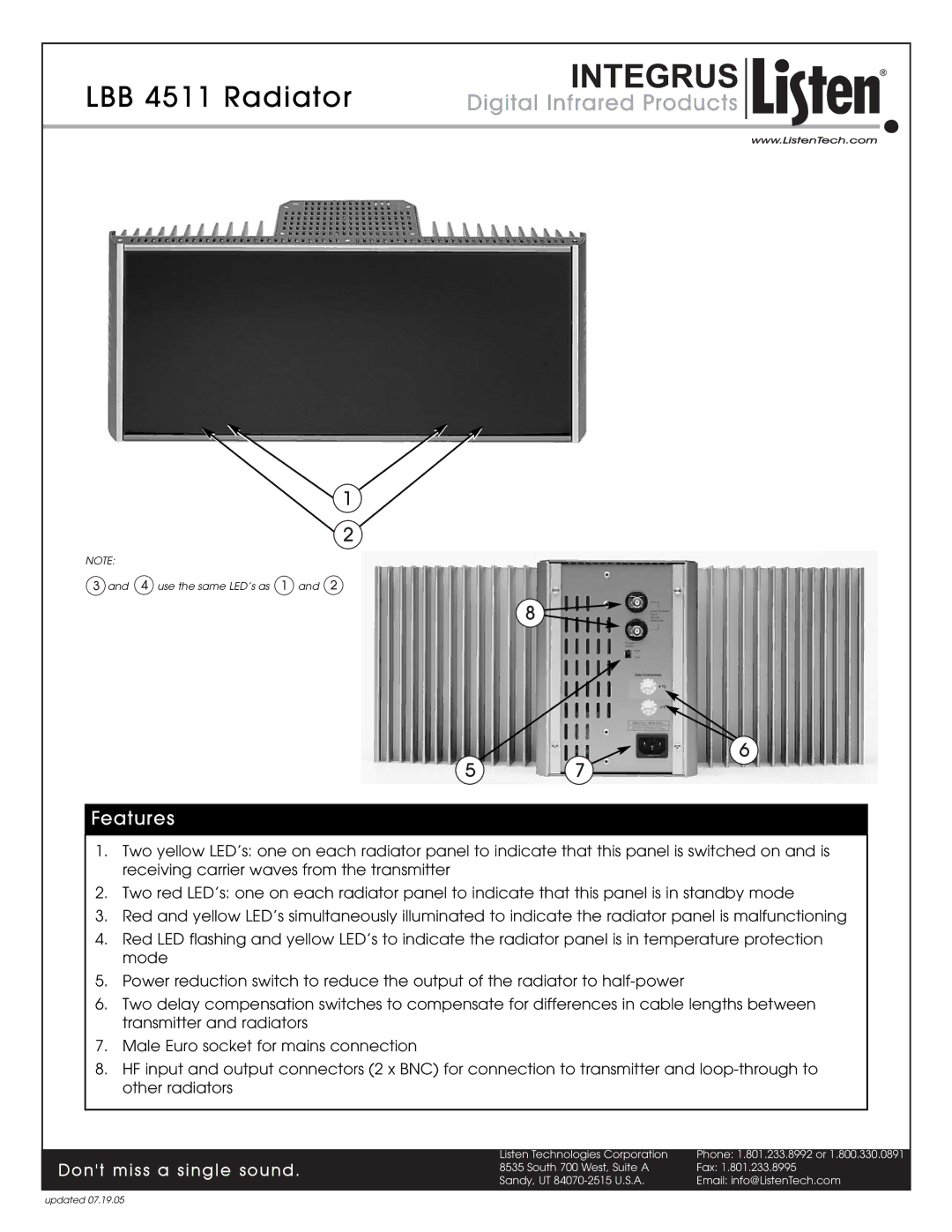 Listen Technologies manual LBB 4511 Radiator, Features 