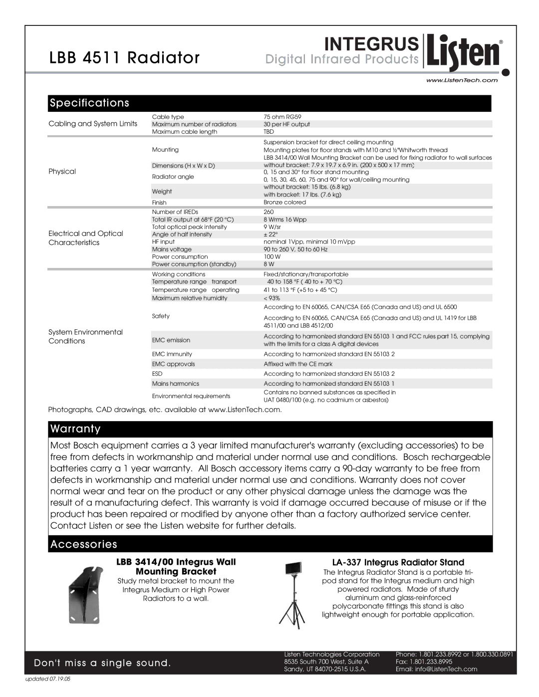 Listen Technologies LBB 4511 manual Specifications, Warranty, Accessories 