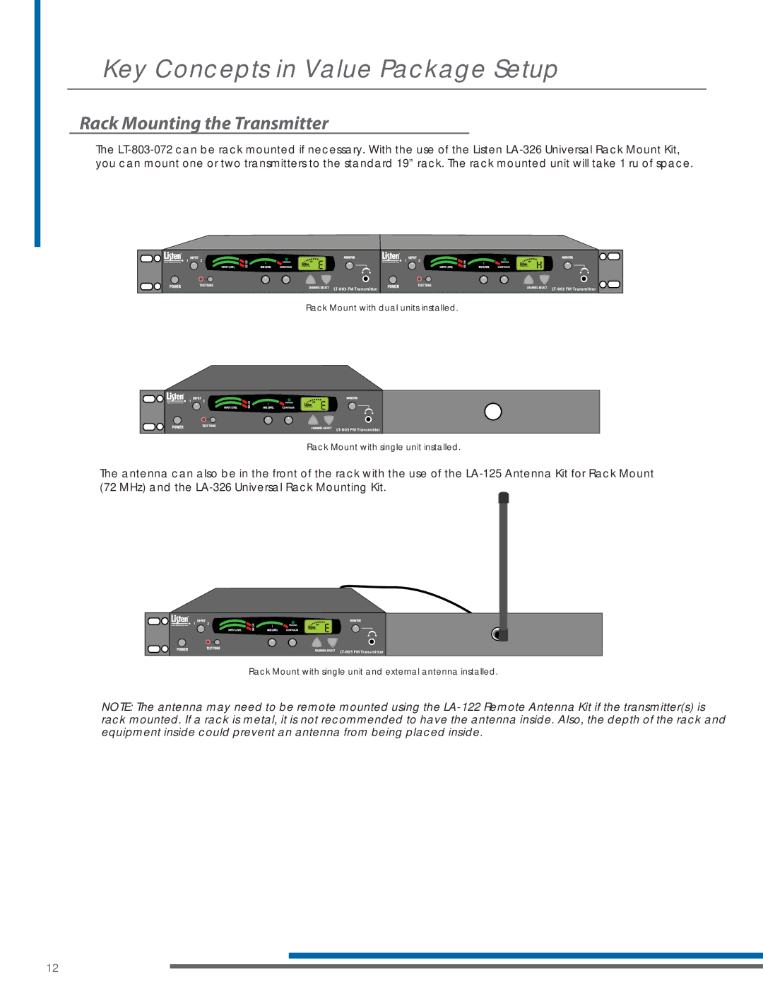 Listen Technologies LA-161, LP-3CV-072, LR-200-072, LT-803-072, LA-123 90 manual Rack Mounting the Transmitter 