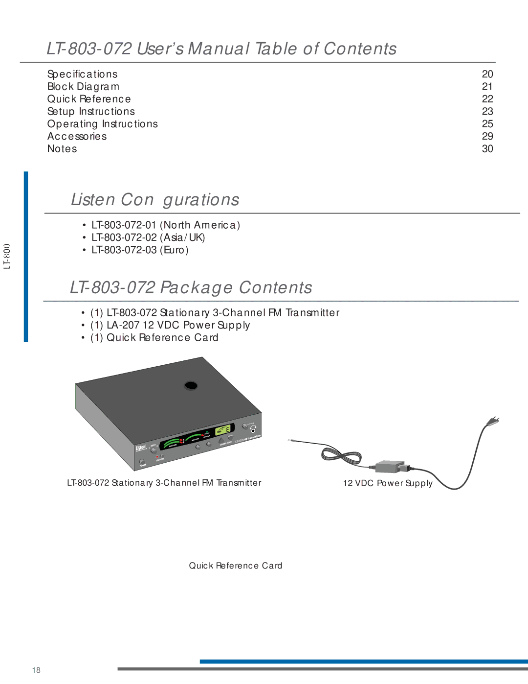 Listen Technologies LA-123 90, LP-3CV-072, LR-200-072 manual LT-803-072 User’s Manual Table of Contents, Listen Conﬁgurations 