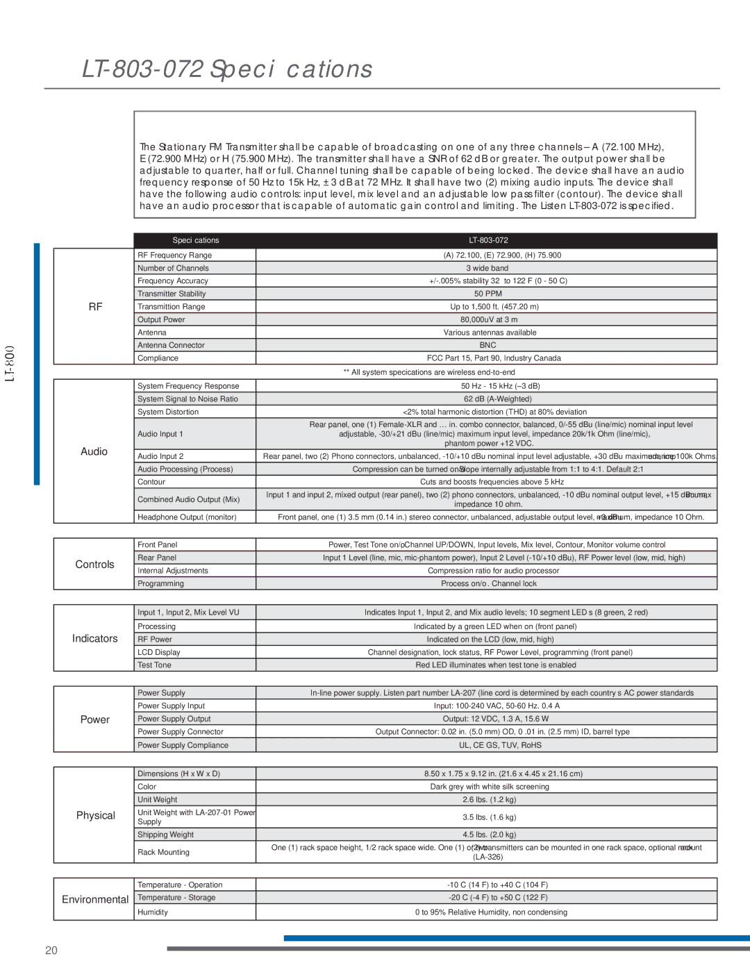 Listen Technologies LR-200-072, LP-3CV-072, LA-161, LA-123 90 manual LT-803-072 Speciﬁcations, Architectural Speciﬁcation 