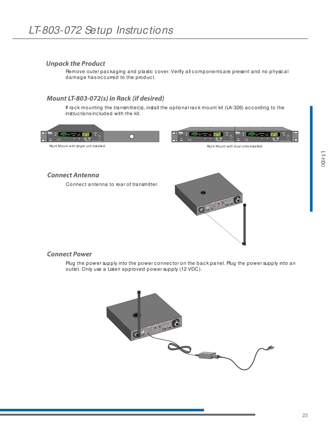 Listen Technologies LA-123 90 LT-803-072 Setup Instructions, Unpack the Product, Mount LT-803-072s in Rack if desired 