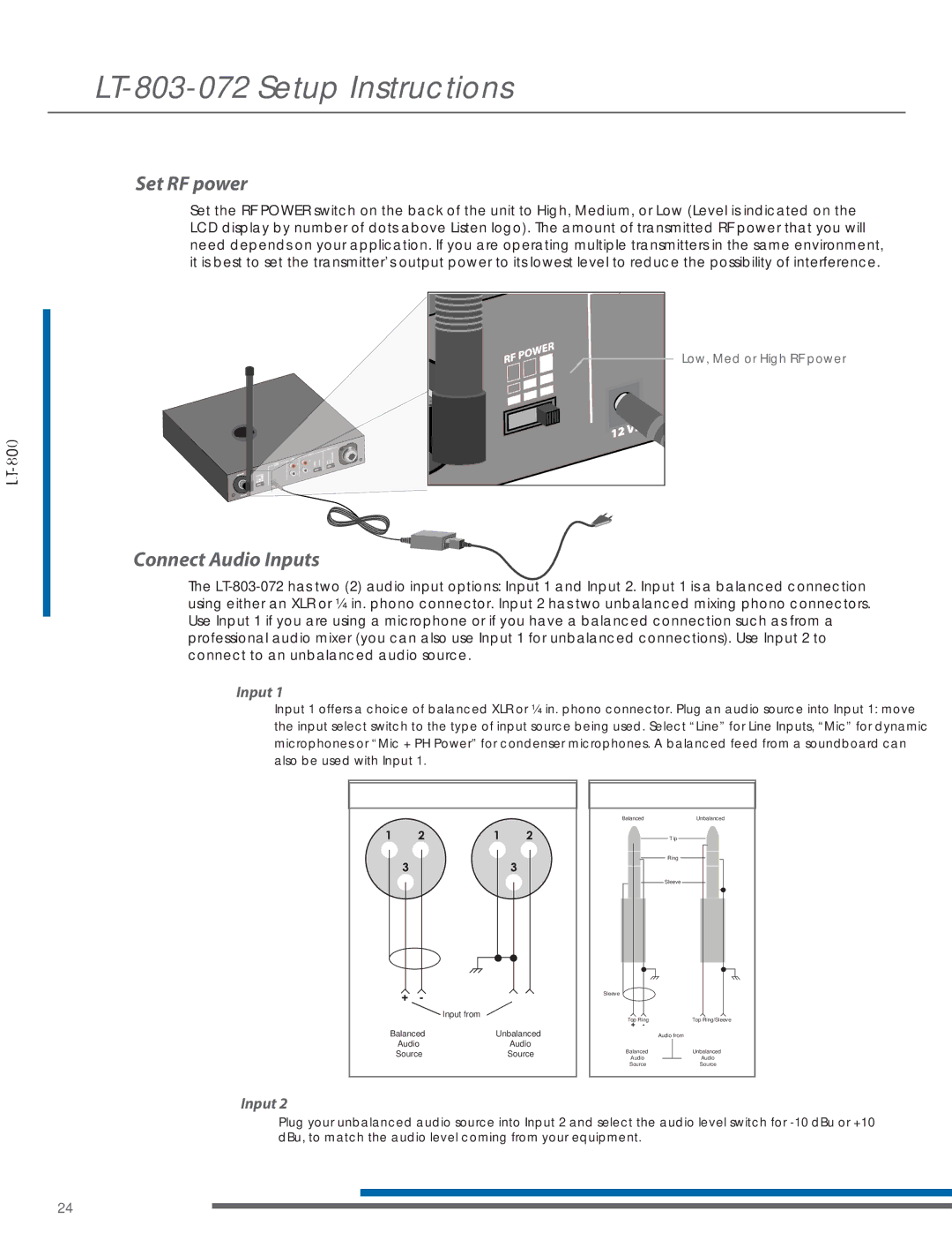 Listen Technologies LP-3CV-072, LR-200-072, LT-803-072, LA-161, LA-123 90 manual Set RF power, Connect Audio Inputs 