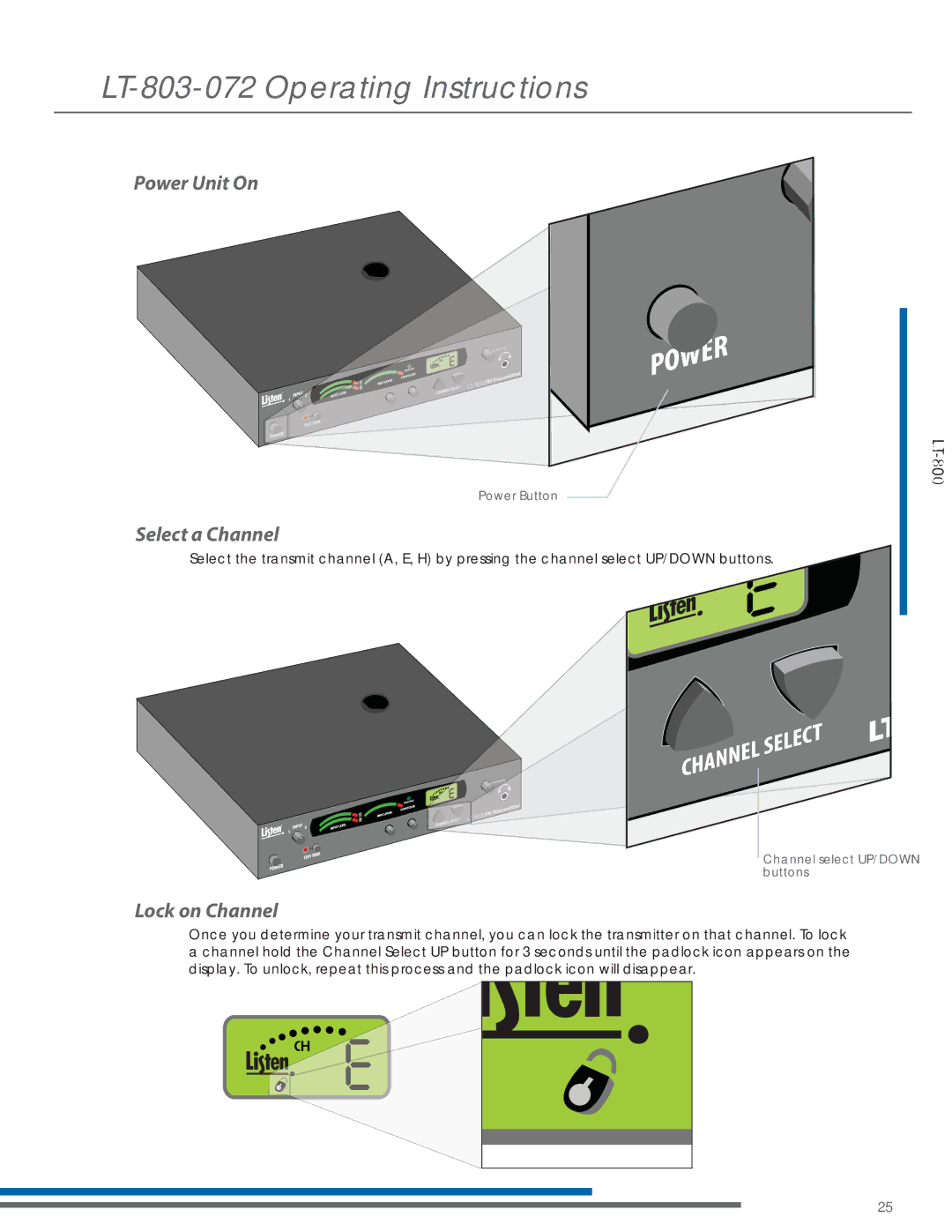 Listen Technologies LR-200-072, LA-161 LT-803-072 Operating Instructions, Power Unit On, Select a Channel, Lock on Channel 