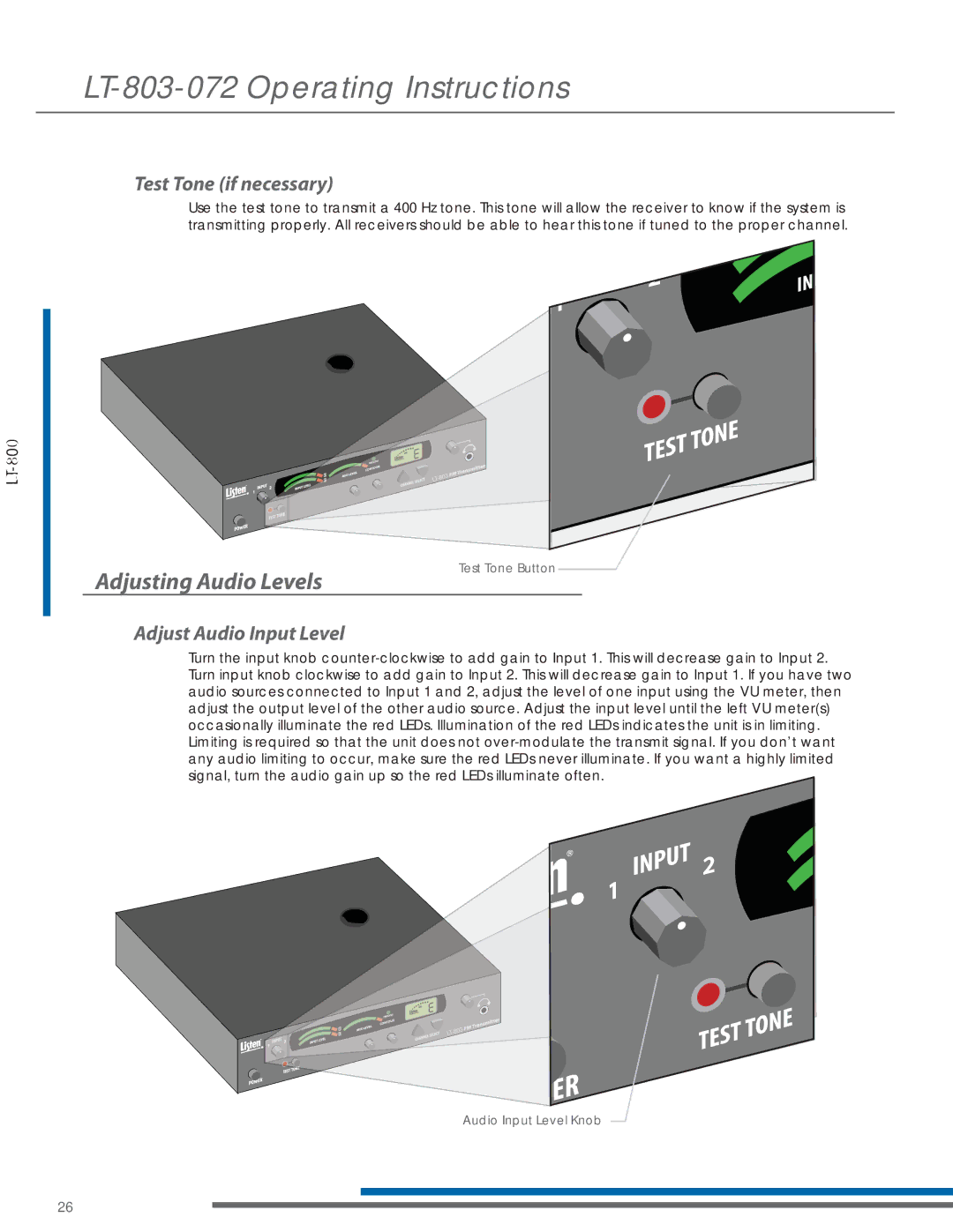 Listen Technologies LT-803-072, LP-3CV-072, LR-200-072, LA-161, LA-123 90 Test Tone if necessary, Adjust Audio Input Level 