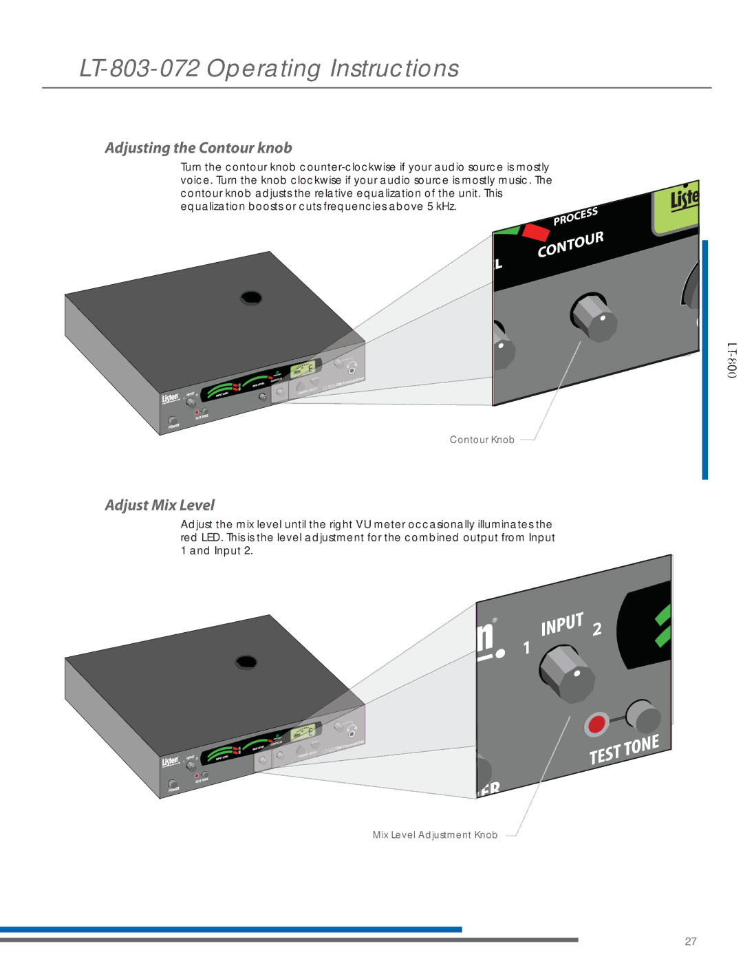 Listen Technologies LA-161, LP-3CV-072, LR-200-072, LT-803-072, LA-123 90 manual Adjusting the Contour knob, Adjust Mix Level 