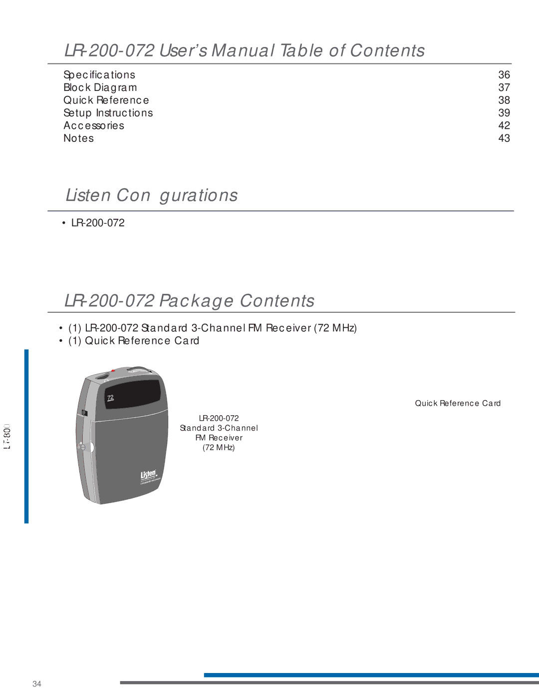 Listen Technologies LP-3CV-072, LT-803-072, LA-161 LR-200-072 User’s Manual Table of Contents, LR-200-072 Package Contents 